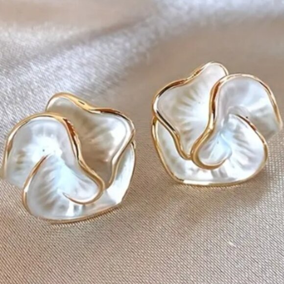 14k Gold Plated Matte White Enamel Petals - White Camellia Earrings - Picture 1 of 4
